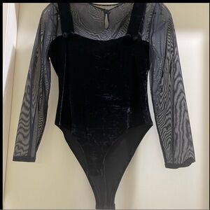 Black Velvet And Sheer Stretch Long Sleeve Blouse/Bodysuit Top